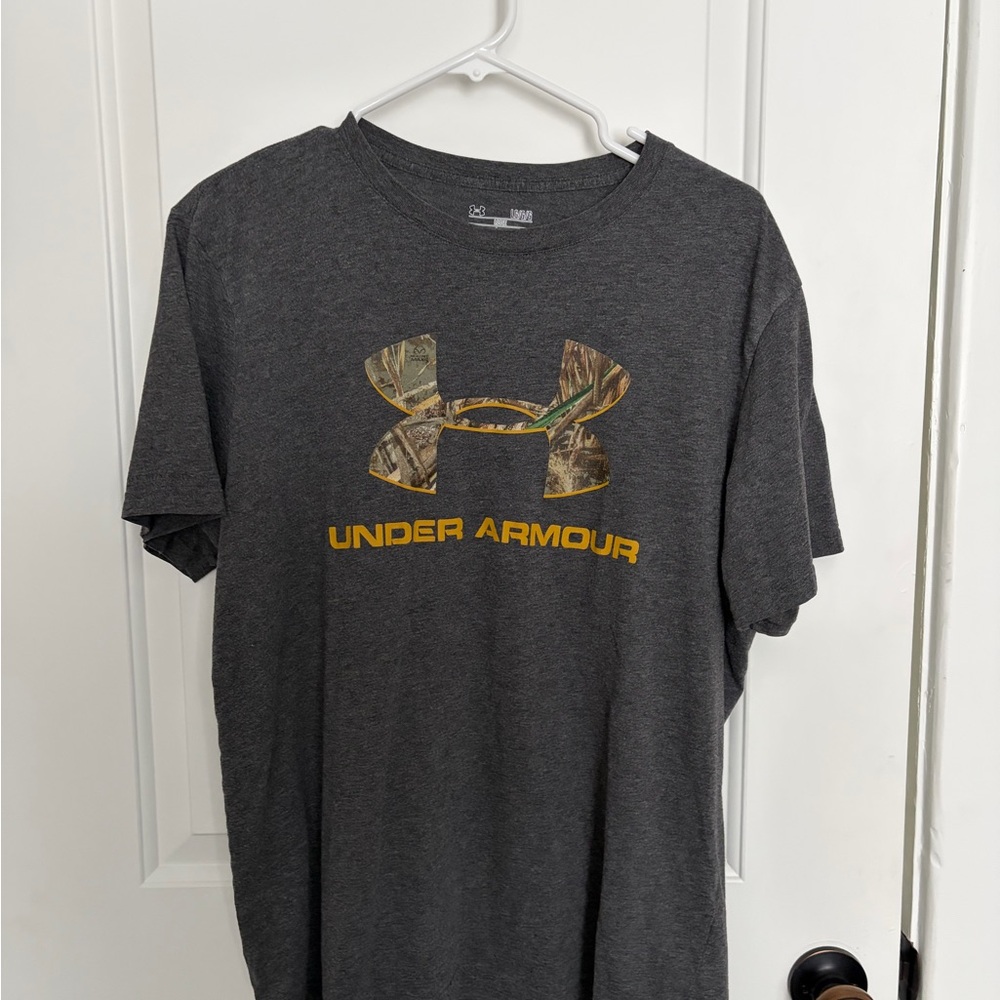 Under Armour Dark Gray Tee with Camo and Gold Logo
